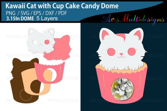 Kawaii Cat with Cupcake Candy Dome: A 3D SVG for Cats Lovers